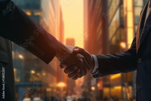 business people shaking hands in city backdrop