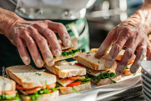 Close-up shot of a chefs hands skillfully assembling a sandwich with fresh ingredients