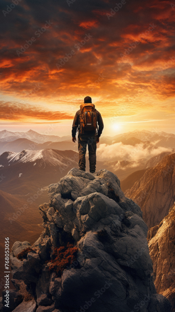 Hiker on the top of the mountain at sunset,