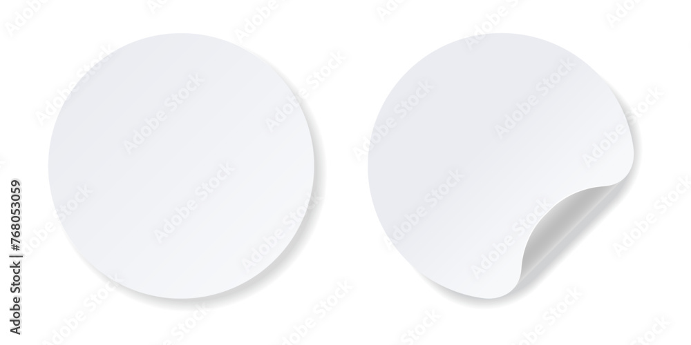 Realistic white round stickers with folded corner. - obrazy, fototapety, plakaty 