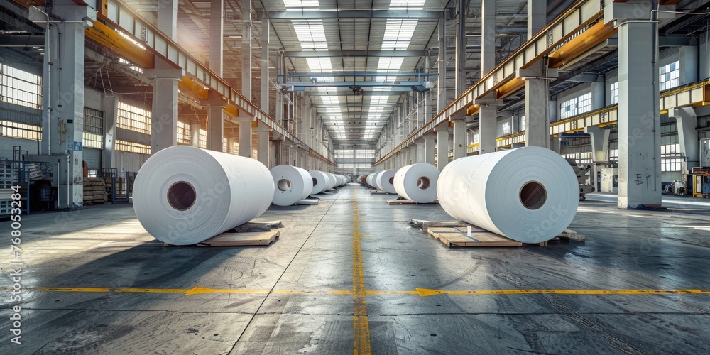 A view of the white paper rolls inside the factory. Generative Ai