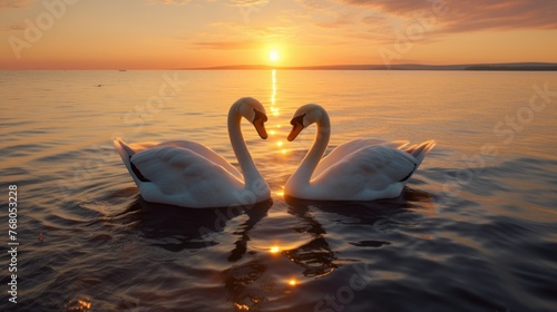 2 majestic white swans (Cygnus olor) swim in the glassy waters of the Baltic Sea in front of a stunning orange sunset.