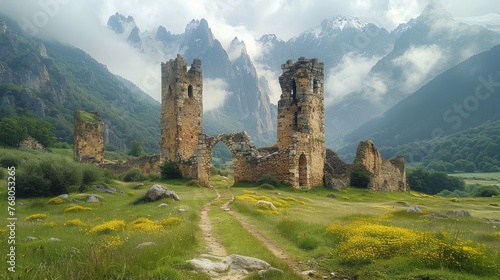 Ancient Stone Ruins Amidst Lush Landscape and Cloudy Peaks