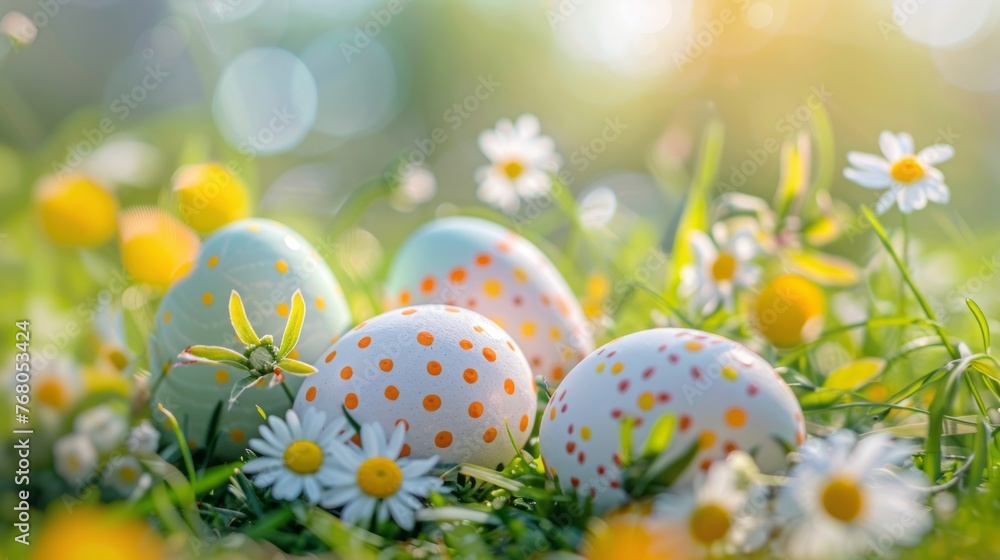 Eerie easter: congratulatory holiday background with vibrant eggs and flowers