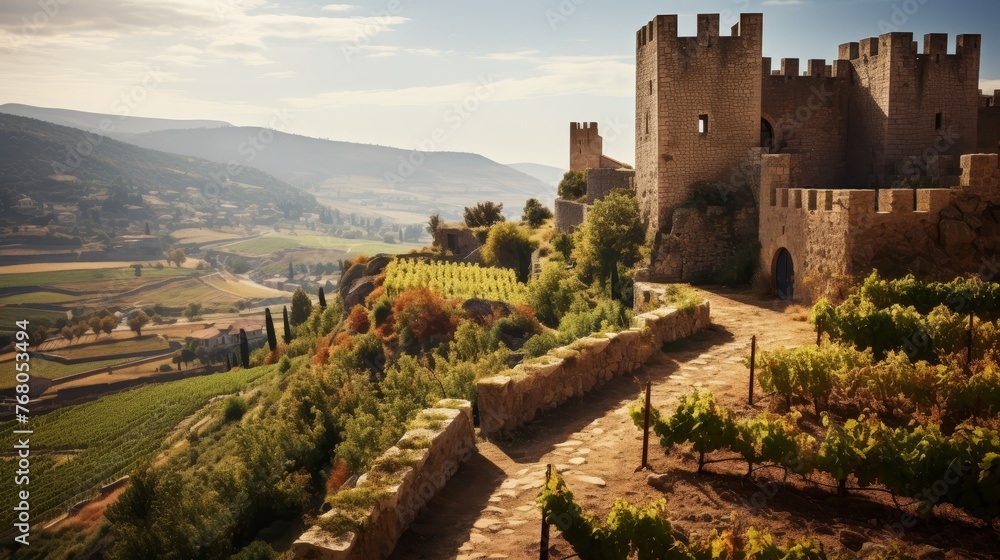 Medieval Castle Overlooking Vineyards with Ripe Grape Bunches
