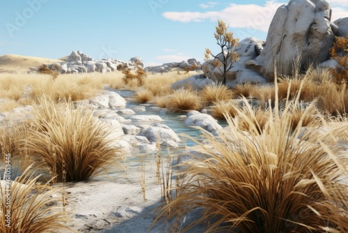 a model with dry grass and rocks next to a river