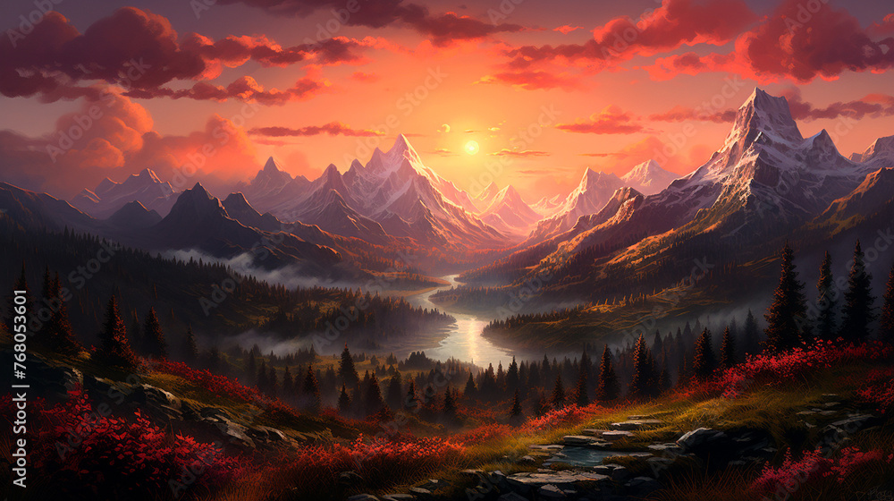 Obraz premium a painting of a mountain scene with a river