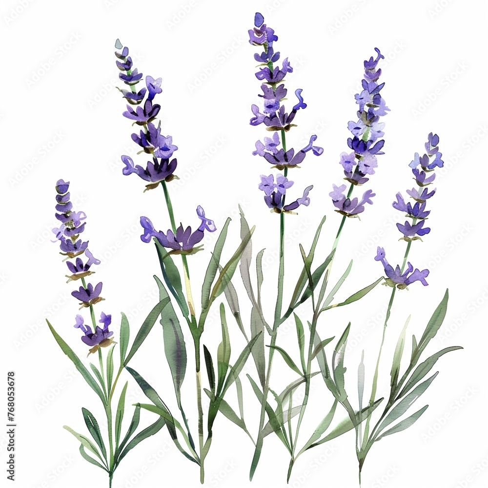 Obraz premium Brushing Watercolor lavender clipart with delicate purple flowers and green stems