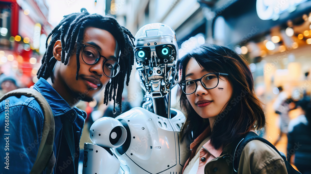 Diversity future concept, African American, black, Asian, Robot, android, ai, people and robots friends background, togetherness Diversity future concept, African American, black, Asian, Robot, android, ai, people and robots friends background, togetherness