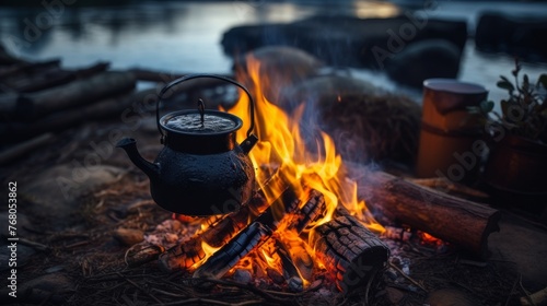 Metal campfire enamel mug with hot herbal tea on campfire