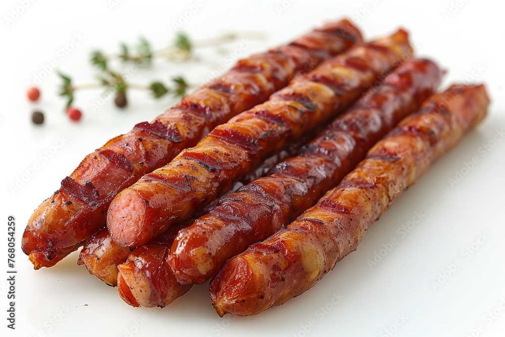 A Feast of Grilled Bacon-Wrapped Sausages on White Background. A Feast of Grilled Bacon-Wrapped Sausages on White Background.