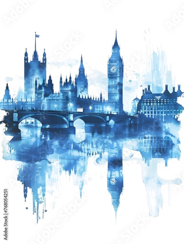 Artistic watercolor painting of London skyline and landmarks - A vibrant watercolor illustration of the iconic London skyline featuring famous landmarks and a reflection effect