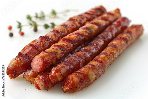 A Feast of Grilled Bacon-Wrapped Sausages on White Background.