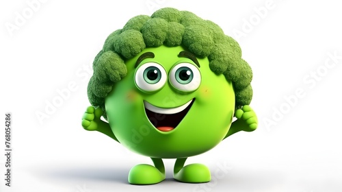 Friendly broccoli character smiling on white - A 3D illustration of a friendly, inviting broccoli character with big bright eyes and a heartwarming smile © Mickey