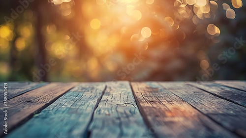 Rustic wooden table with a blurred background of a forest. The warm sunlight is shining through the trees, creating a beautiful bokeh effect.