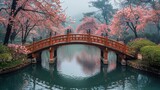 Tranquil Bridge Amidst Blooming Cherry Blossoms Reflection.