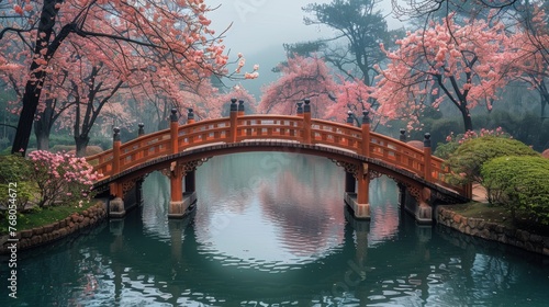 Tranquil Bridge Amidst Blooming Cherry Blossoms Reflection.