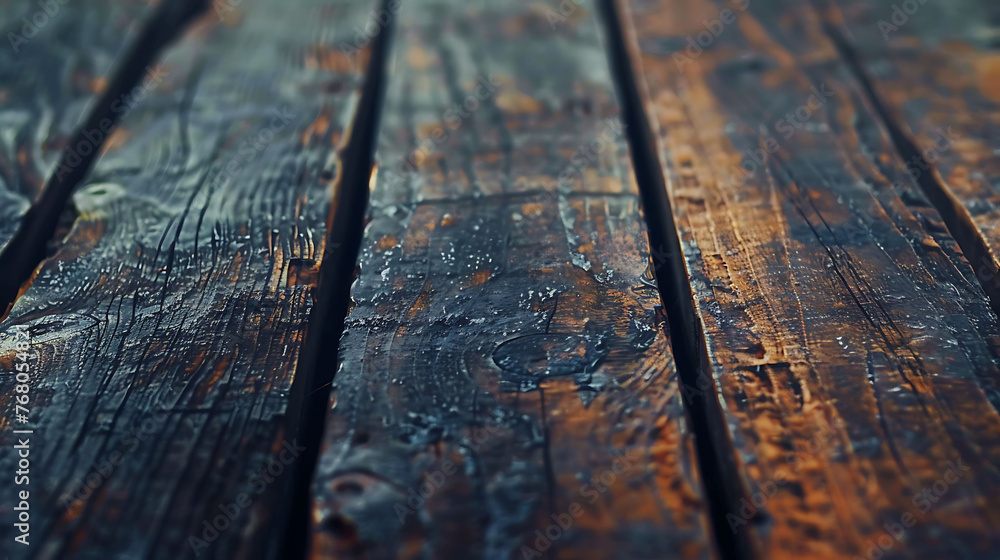 The image is a close-up of a wooden table with a dark brown stain.