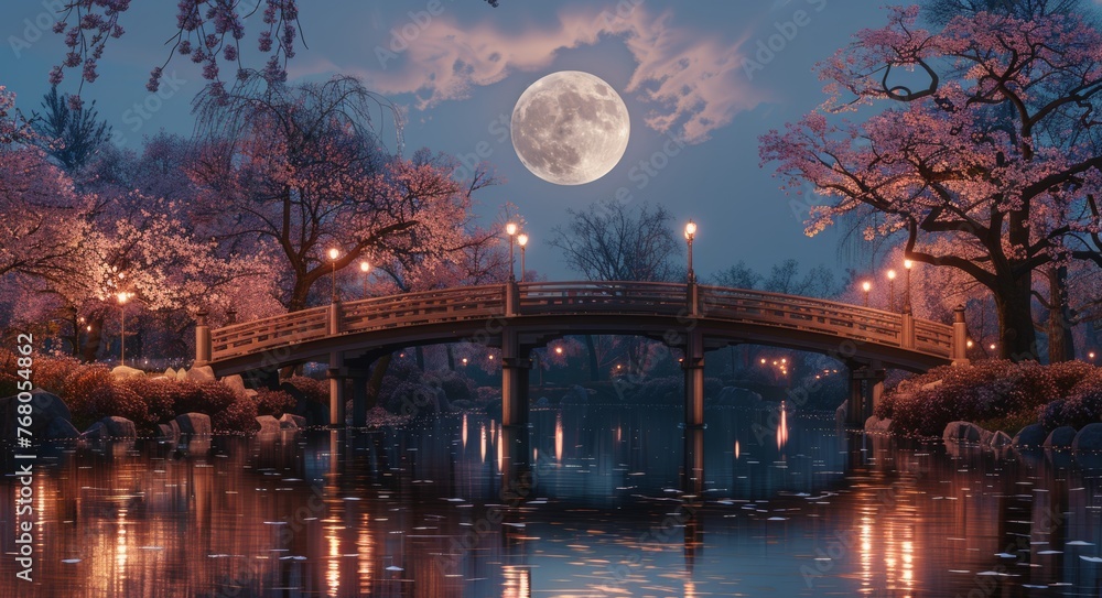 Obraz premium Full Moon Over Tranquil Bridge Surrounded by Cherry Blossoms Reflection.