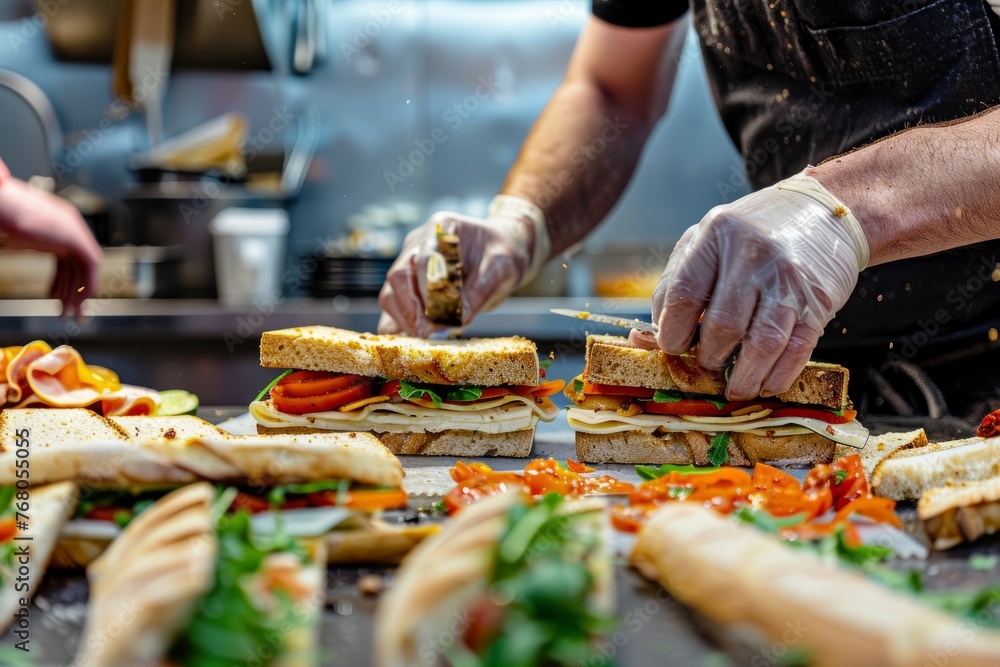 A person stands in a kitchen, assembling sandwiches on a table