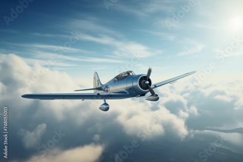 an aircraft flying high in the sky with clouds