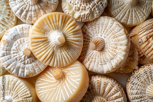 A detailed view of various seashells clustered together, showcasing their unique shapes and textures