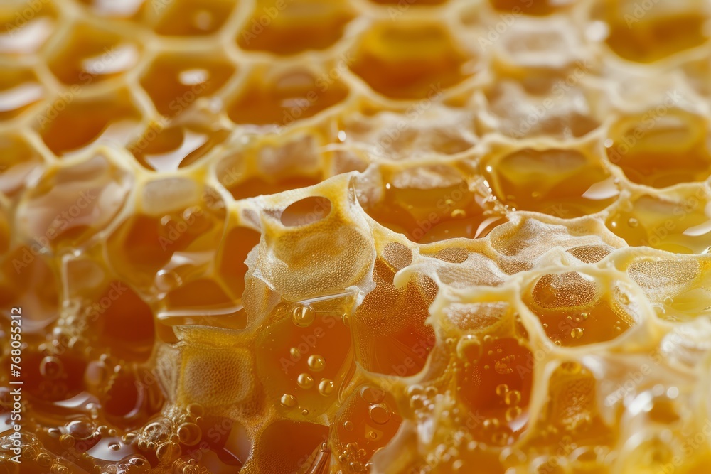 Detailed close-up view of raw honeycomb cells, showcasing the intricate patterns and structure of the beeswax combs filled with golden honey
