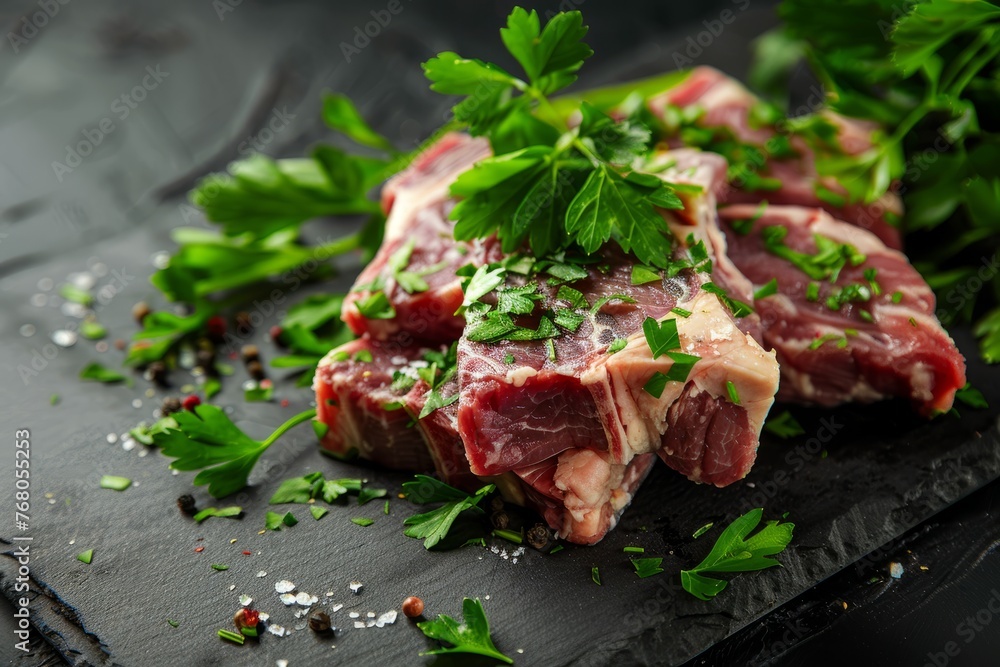 Close-up view of raw meat with fresh parsley garnish on a wooden cutting board