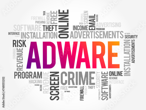 Adware - unwanted software designed to throw advertisements up on your screen, word cloud text concept background