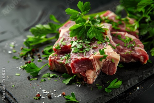 Close-up view of raw meat with fresh parsley garnish on a wooden cutting board