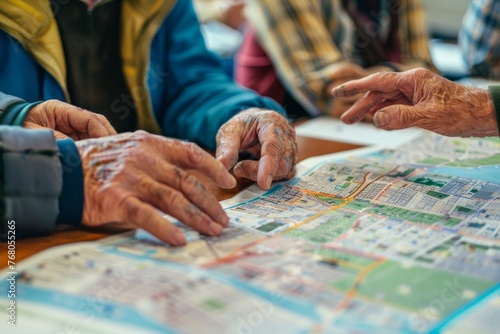A group of people sitting at a table, intensely looking at a map and discussing urban plans