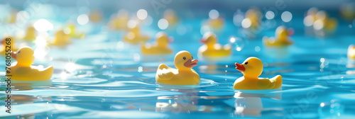 Lots of funny toy rubber yellow ducks floating in blue water pool. Copy space, panorama banner