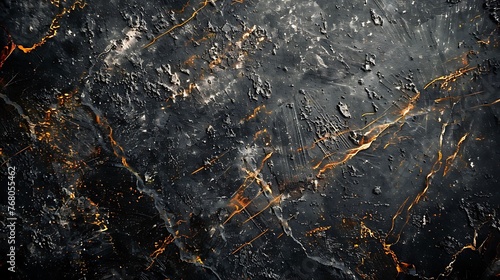 Black and gold abstract grunge background. Dark textured wall with golden cracks.
