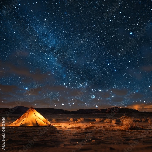 Solo desert camp, under a blanket of stars, nights silence, vast openness , close up