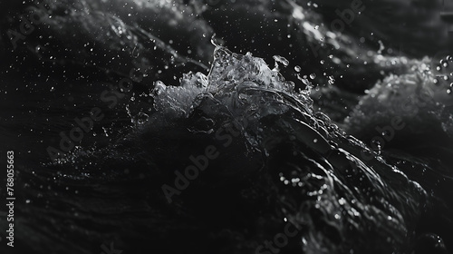 Black and white photo of ocean wave. The wave is crashing against the shore, creating a dramatic and powerful scene.