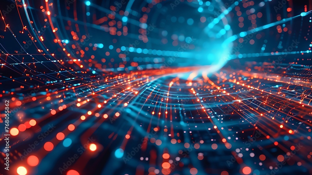 3D rendering of a circuit board with glowing orange and blue lights. The image is abstract and futuristic, with a sense of depth and movement. 3D rendering of a circuit board with glowing orange and blue lights. The image is abstract and futuristic, with a sense of depth and movement.