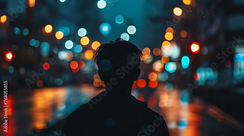 The image is a silhouette of a person standing in front of a blurred background of city lights.