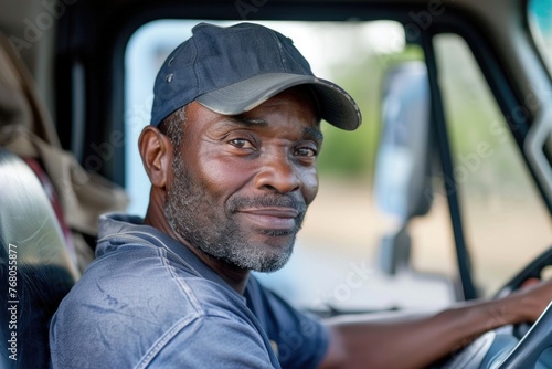 A contented professional truck driver seated in his truck, looking at the camera with a slight smile, indicating a sense of pride or satisfaction in his work