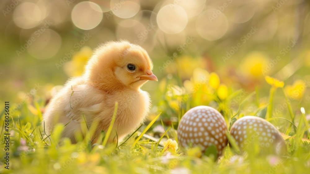 Enchanting easter chick motif: adorable fluffy yellow chicks nestled amidst vibrant spring flowers and green foliage, evoking the joy and warmth of the easter season, perfect for festive decorations a Enchanting easter chick motif: adorable fluffy yellow chicks nestled amidst vibrant spring flowers and green foliage, evoking the joy and warmth of the easter season, perfect for festive decorations a