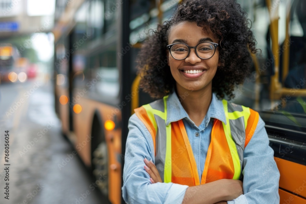 Fototapeta premium a joyful female bus driver with curly hair, wearing glasses, a high-visibility vest over a light blue shirt, standing with her arms crossed in front of a city bus