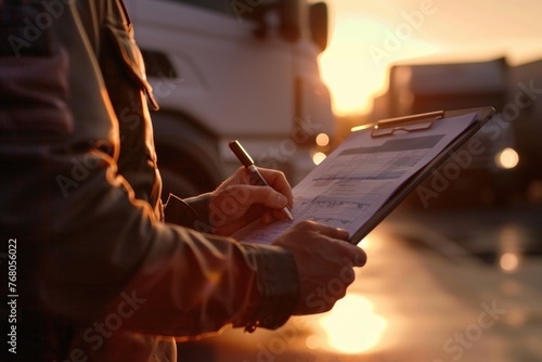 close-up of a cargo dispatcher writing on a clipboard. It's an outdoor setting, probably a truck parking lot, indicated by the partial view of a white truck and the lighting suggesting late afternoon
