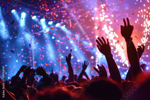 a vibrant concert scene. A crowd is shown with their hands raised, silhouetted against a backdrop of bright stage lights and what appears to be confetti or fireworks, capturing the energy of