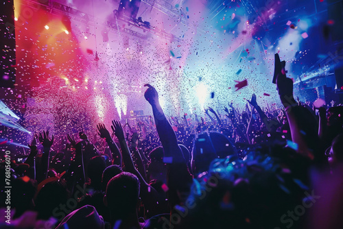 a vibrant concert scene. A crowd is shown with their hands raised  silhouetted against a backdrop of bright stage lights and what appears to be confetti or fireworks  capturing the energy of