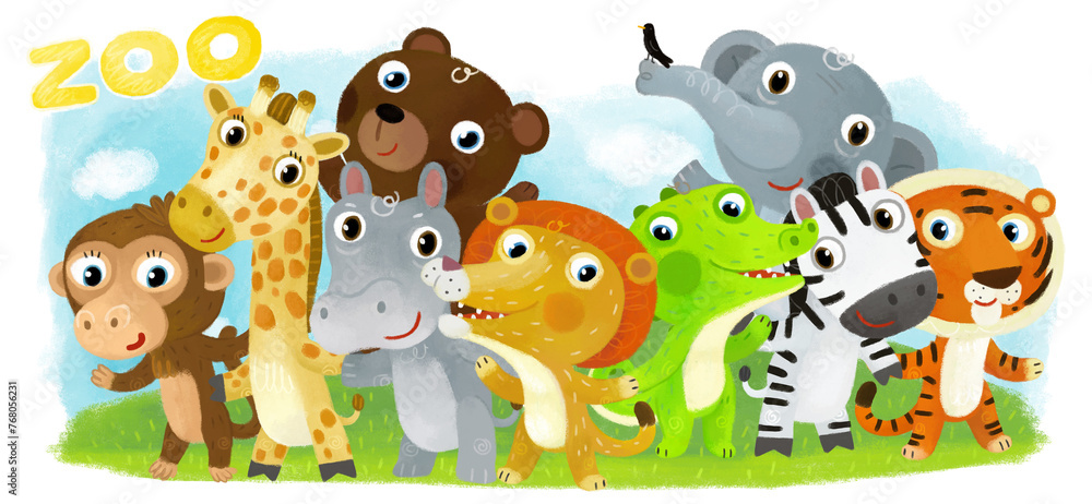 Naklejka premium Cartoon zoo scene with zoo animals friends together in amusement park on white background with space for text illustration for children