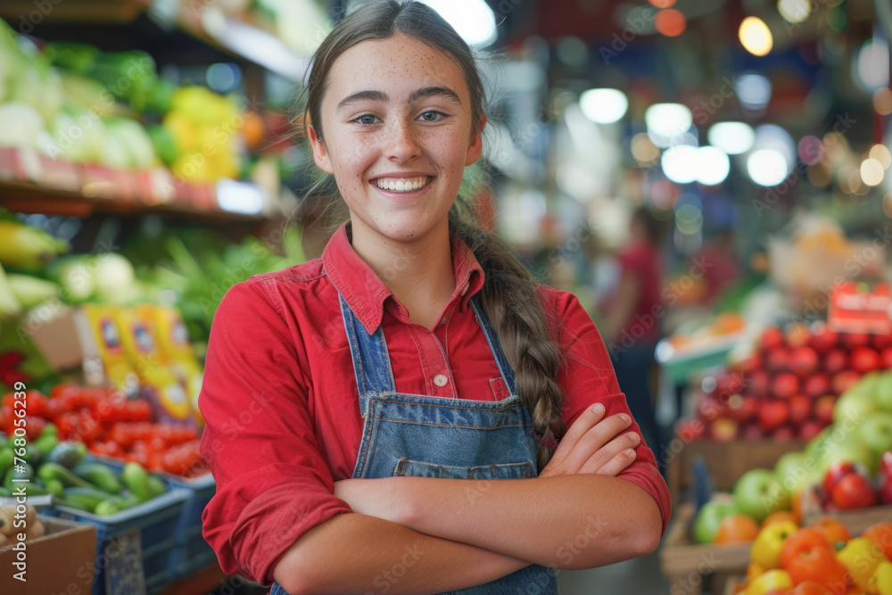 a young woman in a fresh produce market. She's wearing a red shirt with a denim apron, a uniform that's often associated with market staff