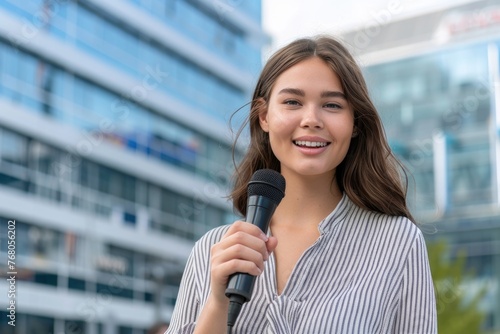 a cheerful young woman holding a microphone, possibly a reporter conducting an interview or reporting live © romanets_v