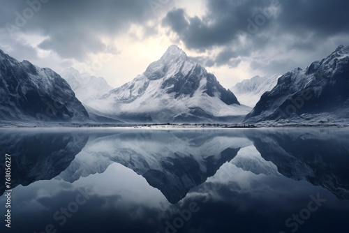 a mountain range with snow and clouds reflecting in water