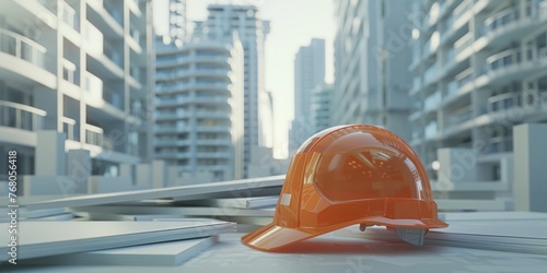 A safety helmet on the drawings, with a building being constructed in the background. Generative AI.
