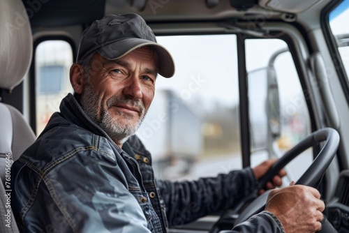 A contented professional truck driver seated in his truck, looking at the camera with a slight smile, indicating a sense of pride or satisfaction in his work © romanets_v