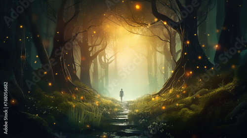Person walking along the path through the dark enchanted forest towards the light. Girl in a magical landscape with glowing lights and sparkles  and old trees with strong roots.